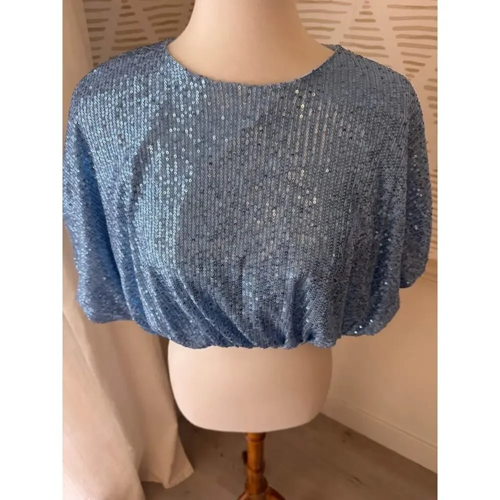 Endless Rose Women’s Small Blue Sequin Cropped Puffed Sleeve Top - Picture 3 of 7